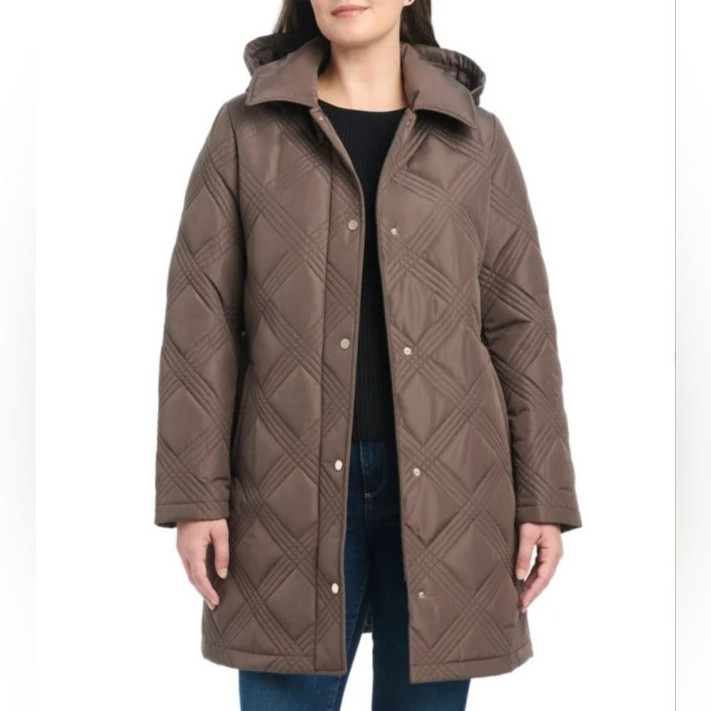 Jones New York Quilted Taupe Belted Coat
